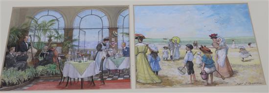 John Strickland Goodall (1908-1996), watercolour, Edwardian beach scene, watercolour on paper with additional works verso